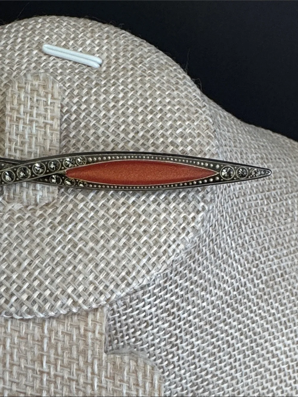 VTG Art Deco Style Marcasite Bar Brooch Pin - Silver Tone Green and Orange